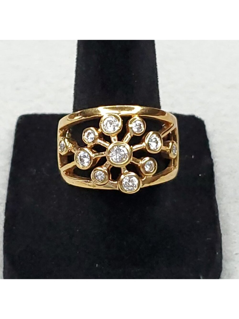 Rhinestone Ring Sz 8 Clear Bezel Set Gold Tone Atomic MCM Revival Wide Band